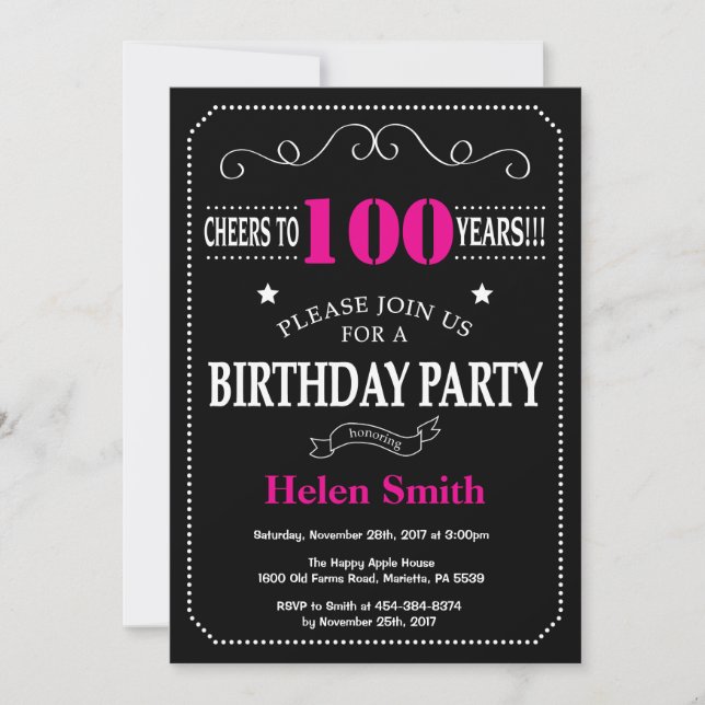 100th Birthday Hot Pink and Black Chalkboard Invitation (Front)