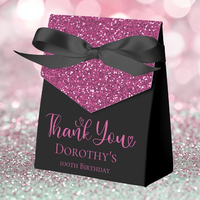 100th Birthday Hot Pink Glitter Black Thank You Favor Box (Creator Uploaded)