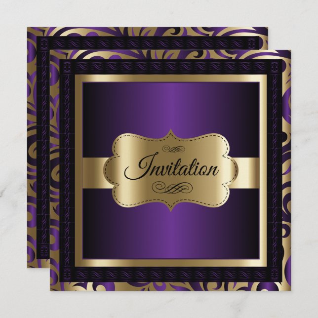 100th Birthday in a Deep Purple & Gold Pattern Invitation (Front/Back)