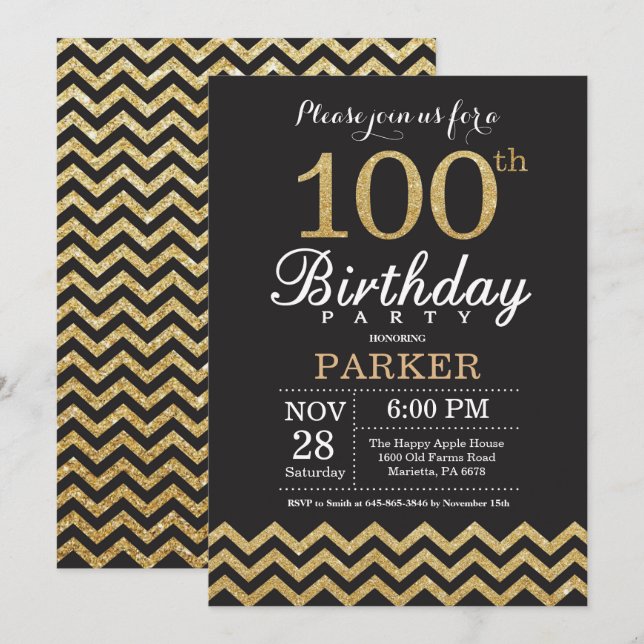 100th Birthday Invitation Black and Gold Glitter (Front/Back)