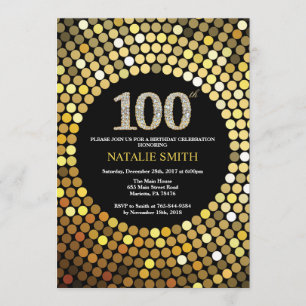 100th Birthday Invitation Black and Gold Glitter