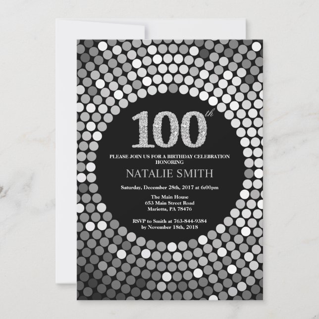 100th Birthday Invitation Black and Silver Glitter (Front)