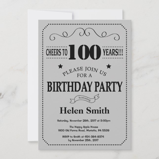 100th Birthday Invitation Black and Silver Grey (Front)