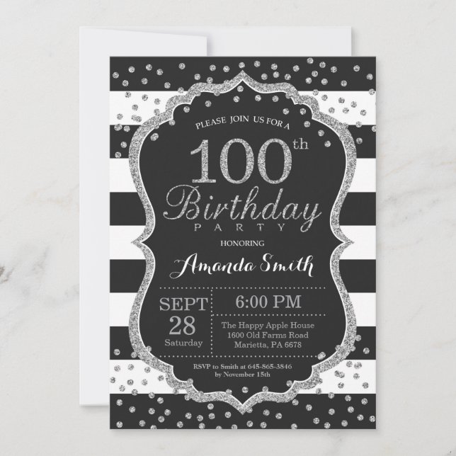 100th Birthday Invitation. Black and Silver Invitation (Front)