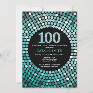 100th Birthday Invitation Black and Teal Glitter