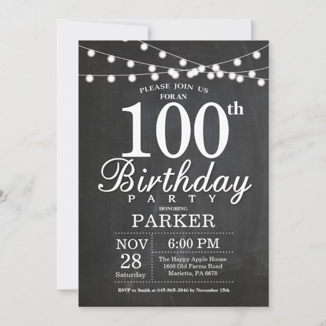 100th Birthday Invitation Chalkboard String Lights (Front)