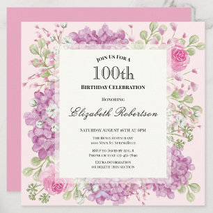 100th Birthday Invitation Elegant Pink Flowers