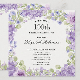 100th Birthday Invitation Elegant Purple Floral