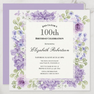 100th Birthday Invitation Elegant Purple Flowers