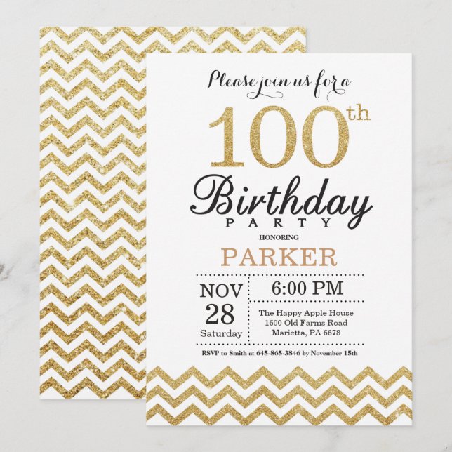 100th Birthday Invitation Gold Glitter (Front/Back)