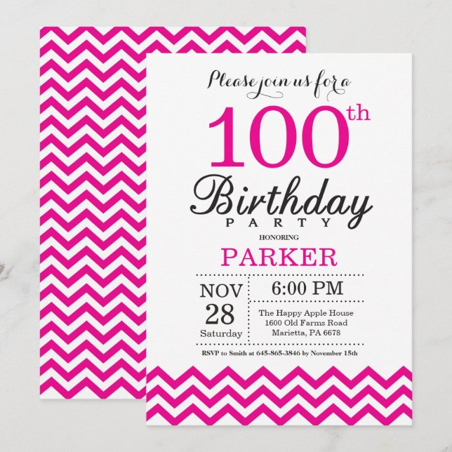 100th Birthday Invitation Hot Pink Chevron (Front/Back)