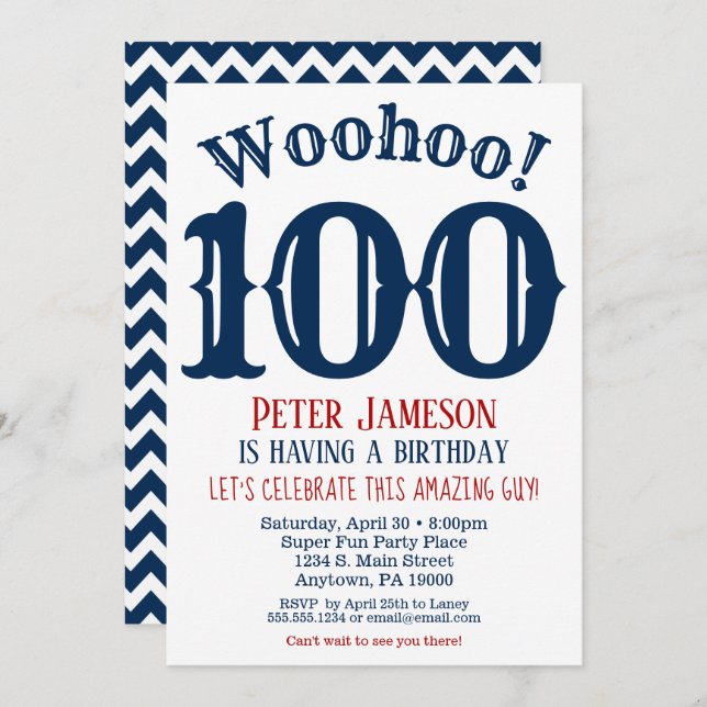 100th Birthday Invitation Mens Navy Blue (Front/Back)