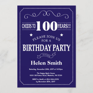 100th Birthday Invitation Navy Blue and Whit