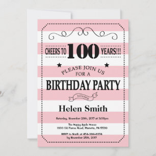 100th Birthday Invitation Pink and White Stripes