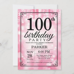 100th Birthday Invitation Pink Glitter