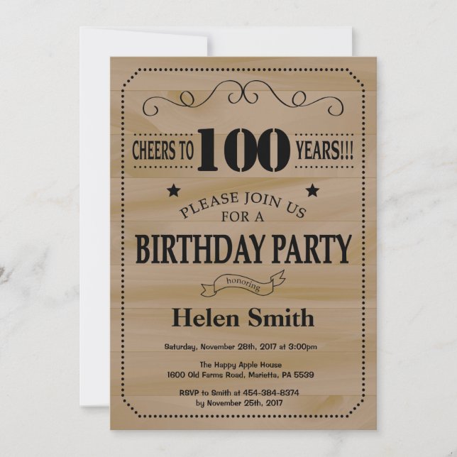 100th Birthday Invitation Rustic Wood (Devant)