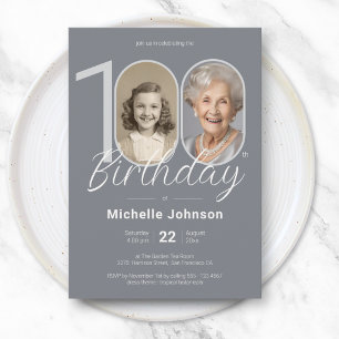 100th Birthday Invitation Silver Custom Photo 