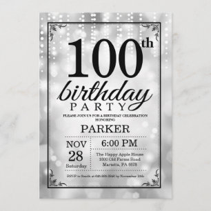 100th Birthday Invitation Silver Glitter