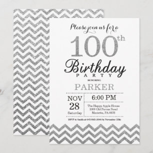 100th Birthday Invitation Silver Glitter