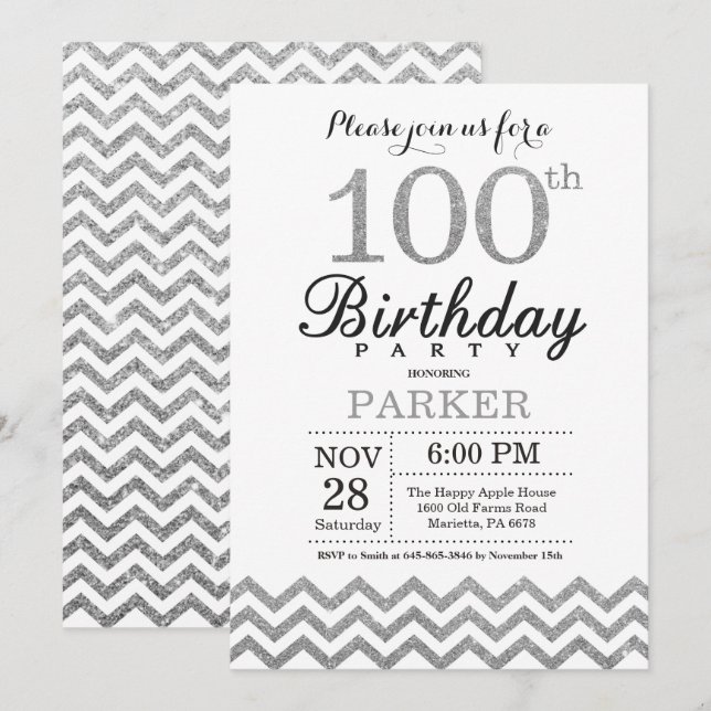 100th Birthday Invitation Silver Glitter (Front/Back)