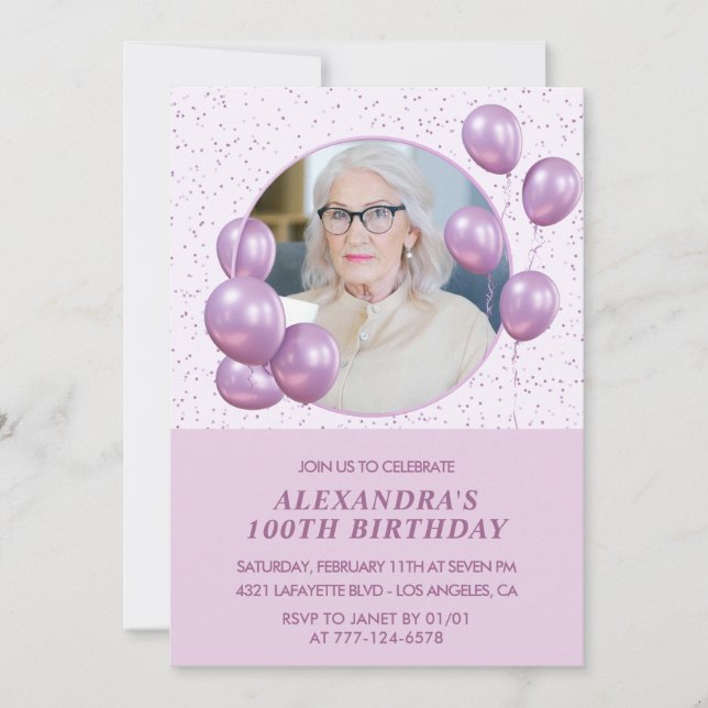 100th birthday invitations Balloons Photo Purple (Front)