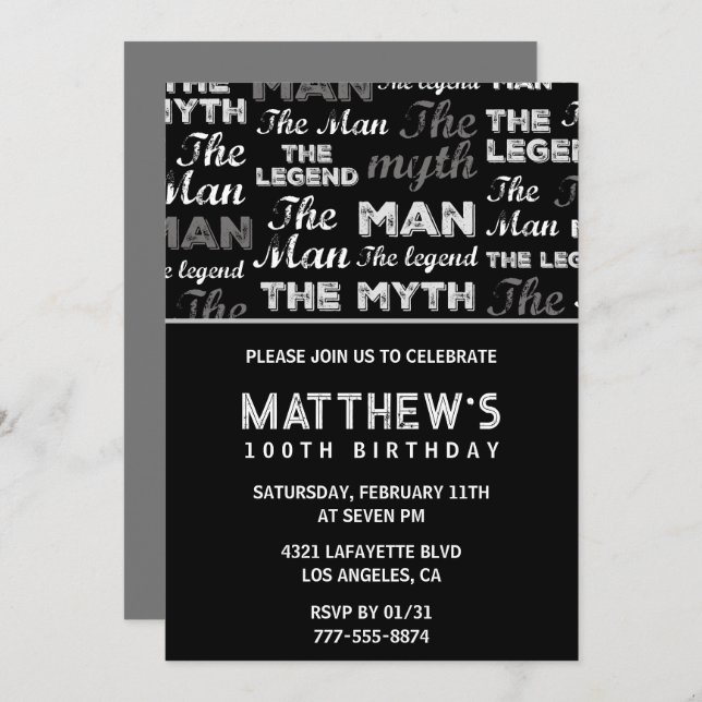 100th birthday invitations for him Men Myth Legend (Front/Back)