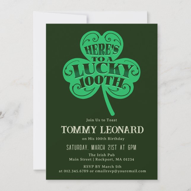 100th Birthday Lucky Shamrock Irish Invitation (Front)