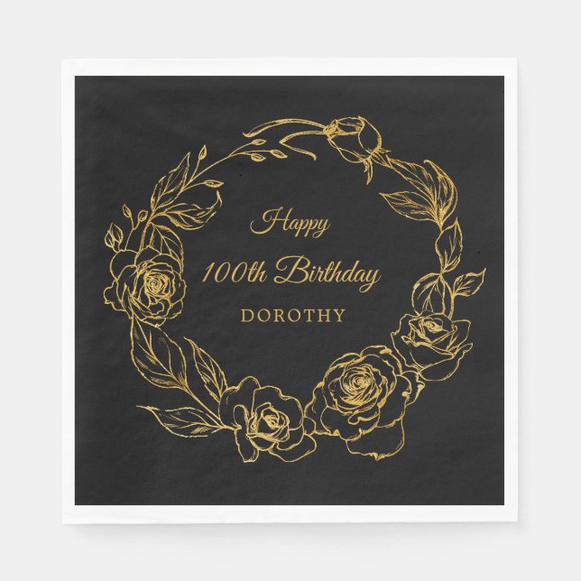 100th Birthday Luxe Gold Rose Black Napkin (Front)