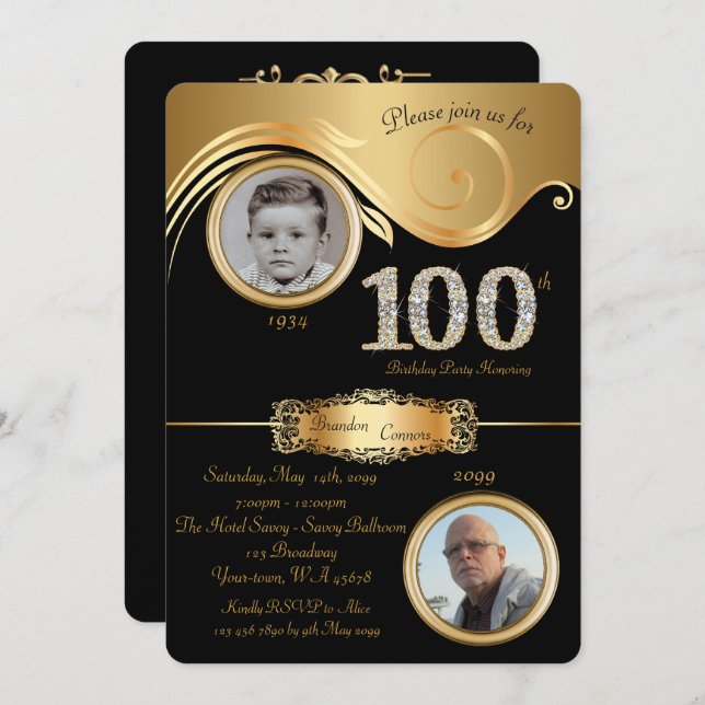 100th,Birthday Man 100th,elegant art deco,black Invitation (Front/Back)