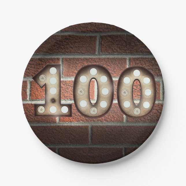100th birthday marquee sign on brick wall paper plate (Front)