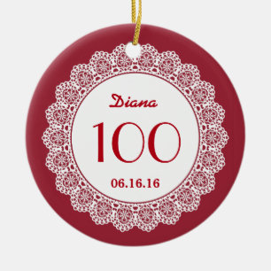 100th Birthday Memento White Lace A06 RED Ceramic Ornament