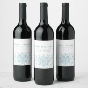 100th Birthday Minimalist Blue Snowflake Custom Wine Label