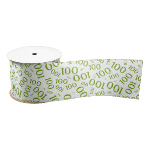 100th Birthday Modern Number Pattern Green/White Satin Ribbon
