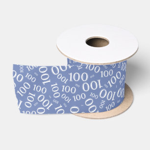 100th Birthday Modern Number Pattern White/Blue Satin Ribbon