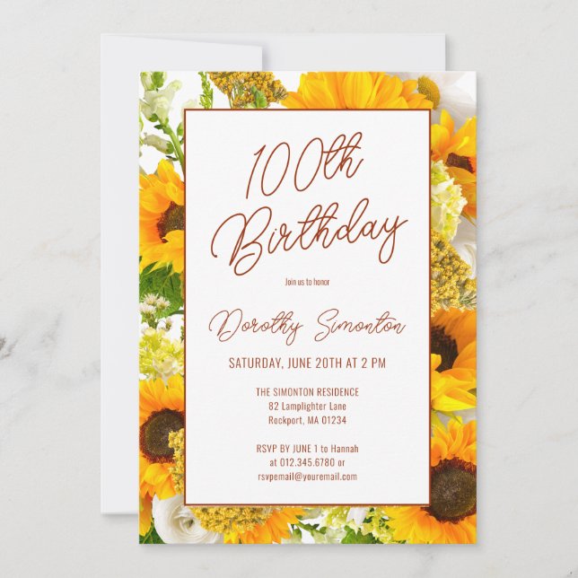 100th Birthday Modern Sunflower Floral Invitation (Front)