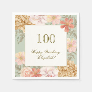100th Birthday Napkin Autumn Color Floral Sage