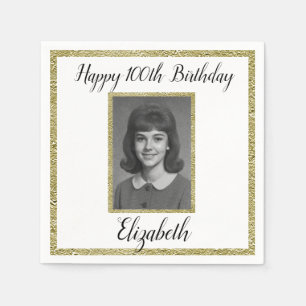 100th Birthday Napkins Custom Photo White Gold 