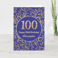 100th Birthday Navy Blue and Gold Floral Pattern