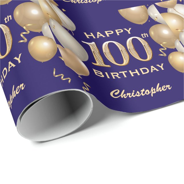 100th Birthday Navy Blue and Gold Glitter Balloons Wrapping Paper (Roll Corner)