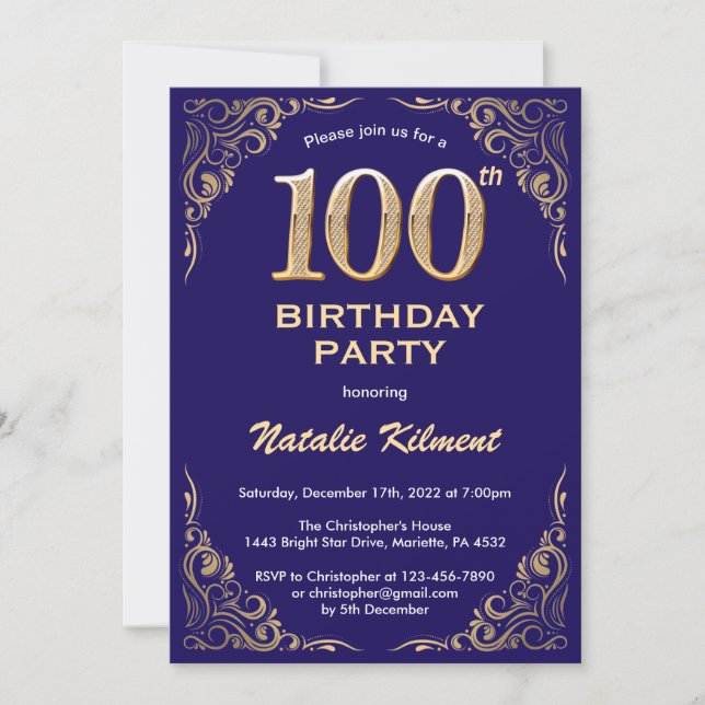 100th Birthday Navy Blue and Gold Glitter Frame Invitation (Front)