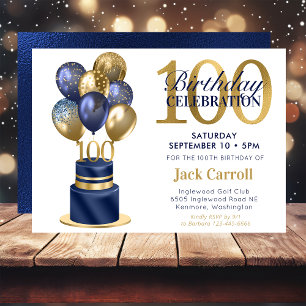 100th Birthday Navy Blue Balloon Cake Invitation