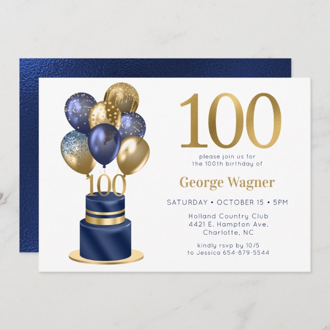 100th Birthday Navy Blue Balloon Cake Invitation (Front/Back)