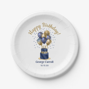 100th Birthday Navy Blue Balloon Cake Paper Plate