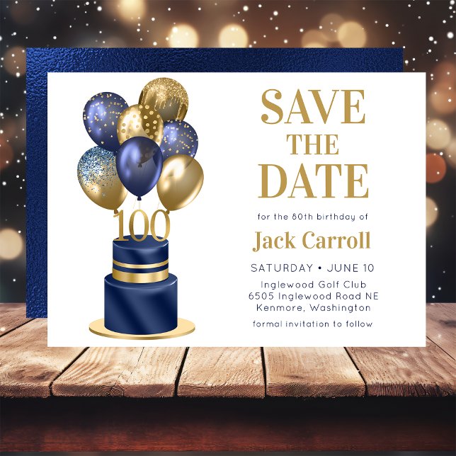 100th Birthday Navy Blue Balloon Cake Save The Date (Creator Uploaded)