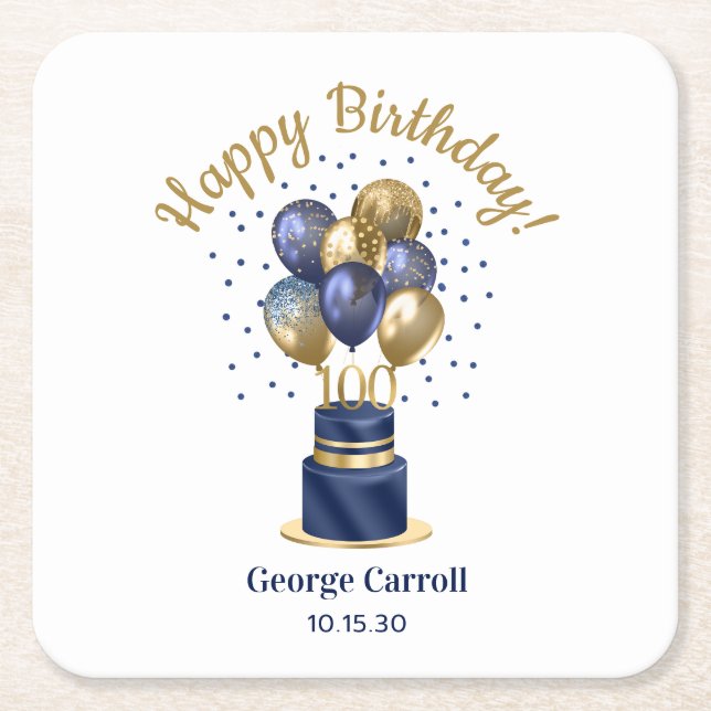 100th Birthday Navy Blue Balloon Cake Square Paper Coaster (Front)