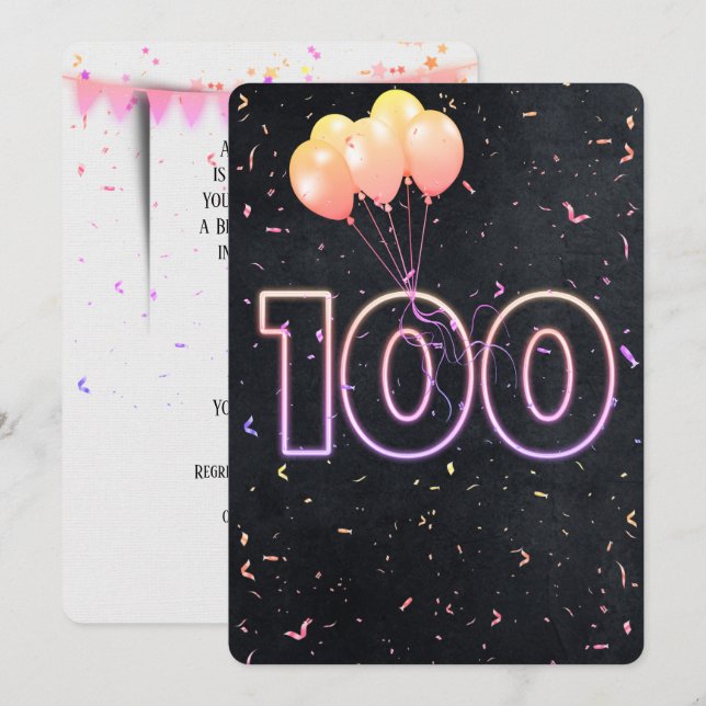 100th Birthday Neon Sign On Black Invitation (Front/Back)
