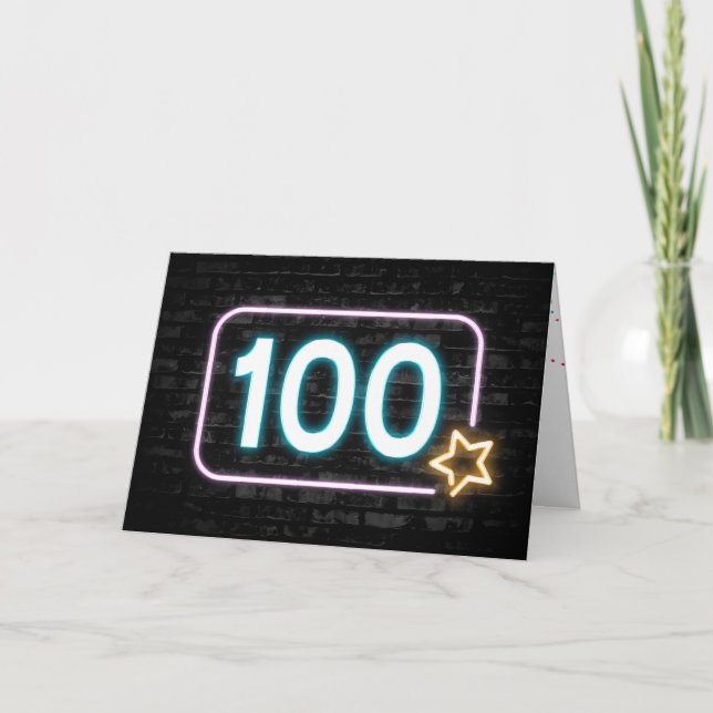 100th Birthday Neon Sign On Brick   Card (Front)