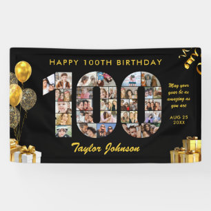 100th Birthday Number 100 Photo Collage Black Gold Banner