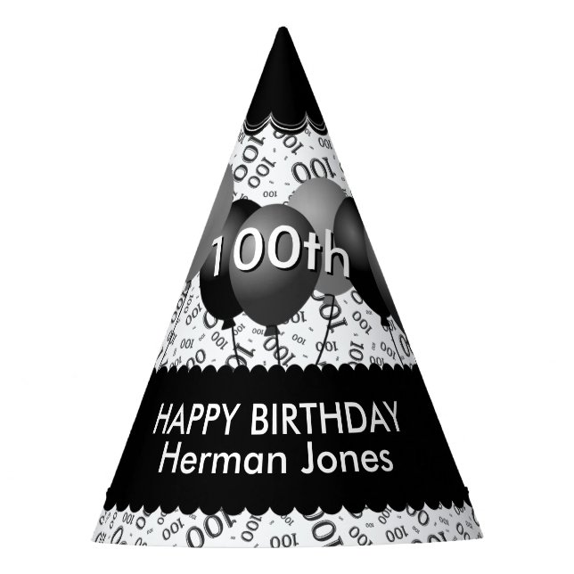 100th Birthday Number Pattern Black/White Scallops Party Hat (Front)