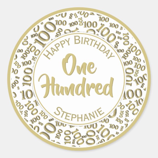 100th Birthday Number Pattern Gold/White 100 Classic Round Sticker (Front)